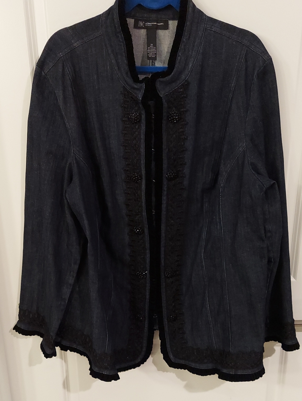 INC International Concepts Dark Blue Denim Jacket with Black Trim